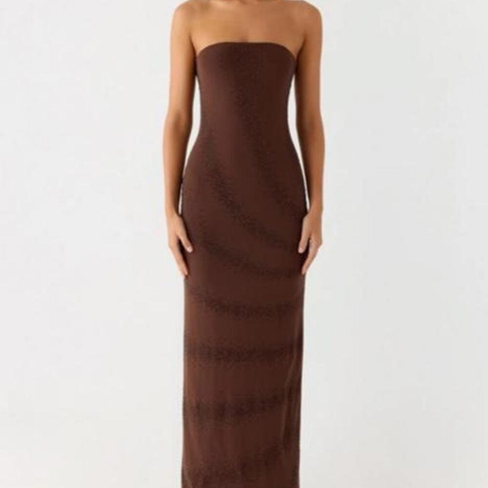Peppermayo Belisse beaded mesh maxi dress in chocolate. Size small
